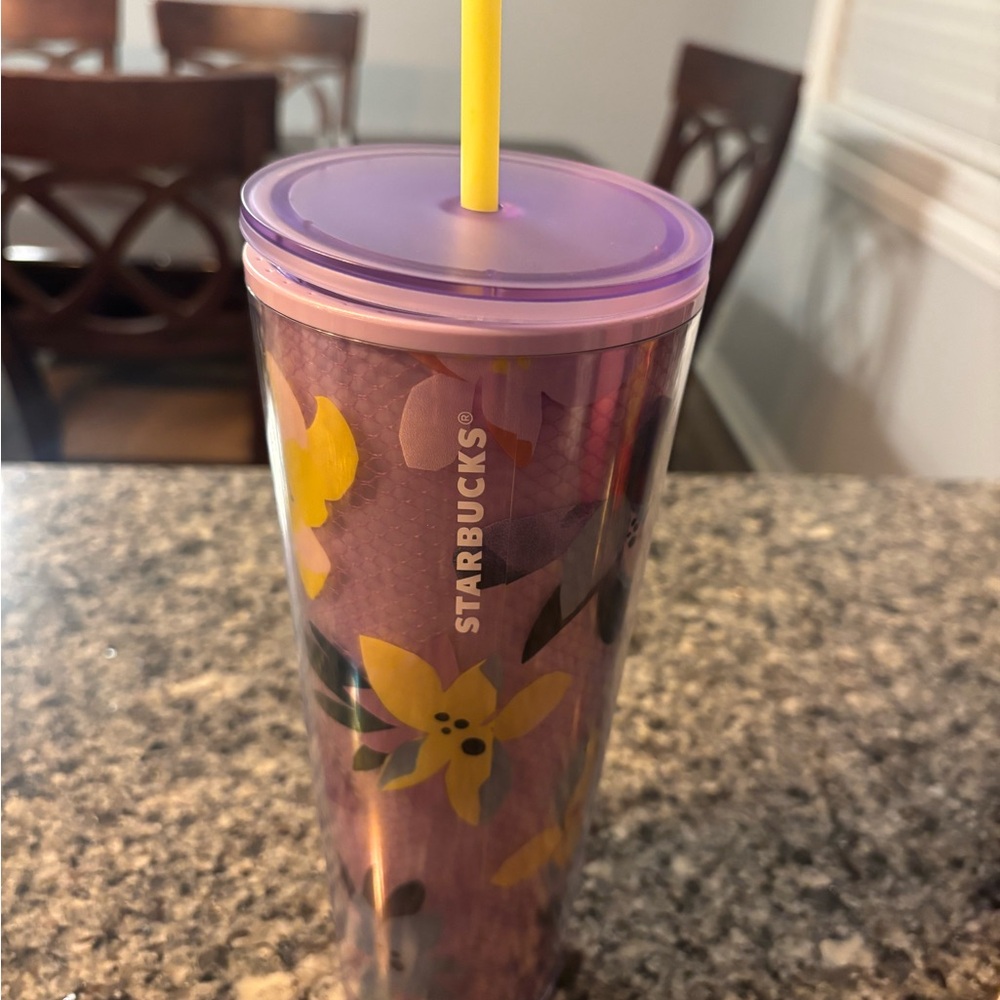 Starbucks Purple Floral Tumbler with Yellow Straw